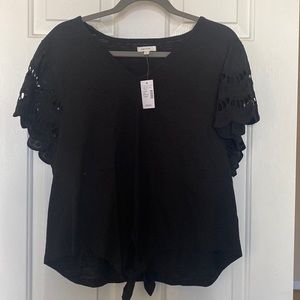 New with tags black blouse with lace arms and tie front